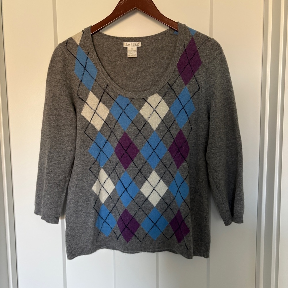 TWEEDS Womens 100% 2 ply cashmere argyle scoop round neck sweater XL